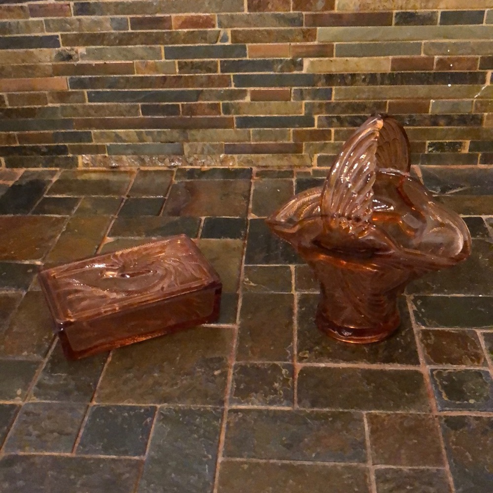 Amber Indiana Glass flying bird basket and box.